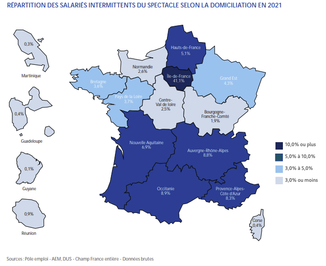 Emploi intermittent dans le spectacle 2021 - géographie - MesCachets.Com