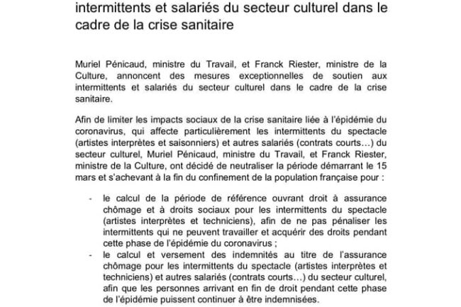 Coronavirus - Covid 19 - Intermittent du spectacle : les mesures