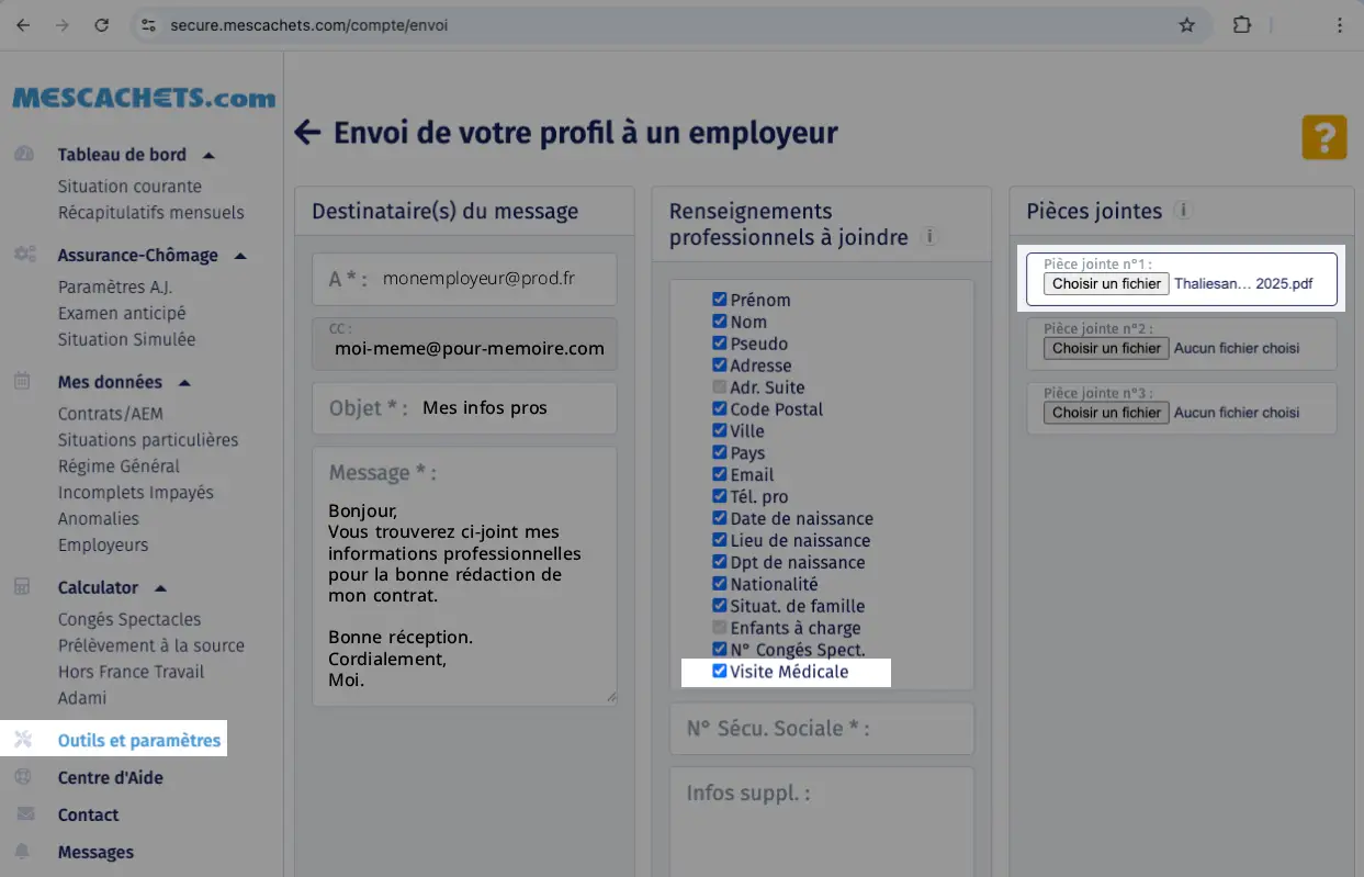 Formulaire d'envoi du profil à un employeur